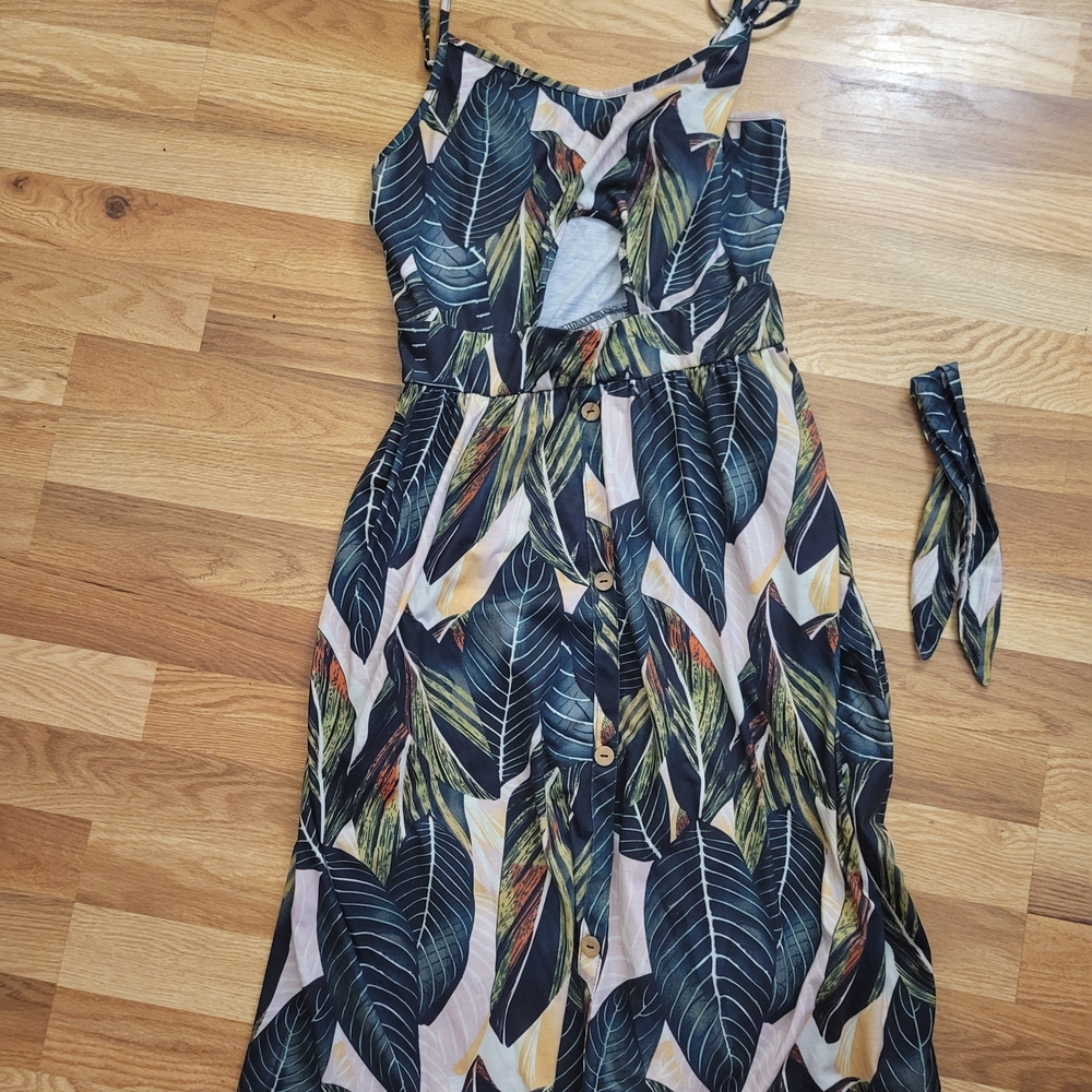 Tropical Leaf Print Button Front Midi Dress Tie Waist Back Cutout